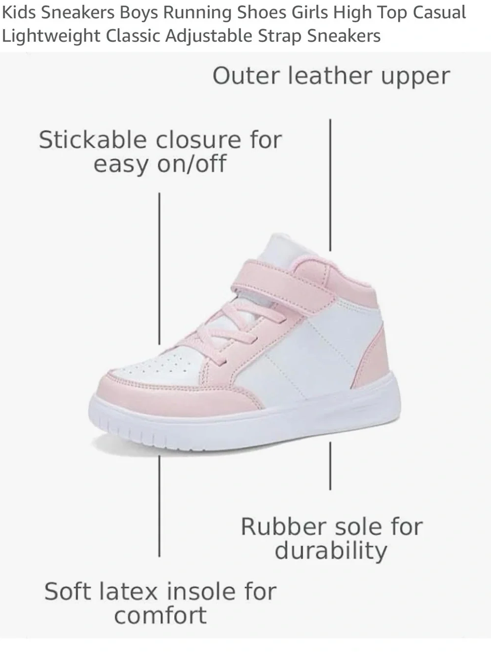 Kids High-Top Sneakers with Adjustable Strap - Pink & White